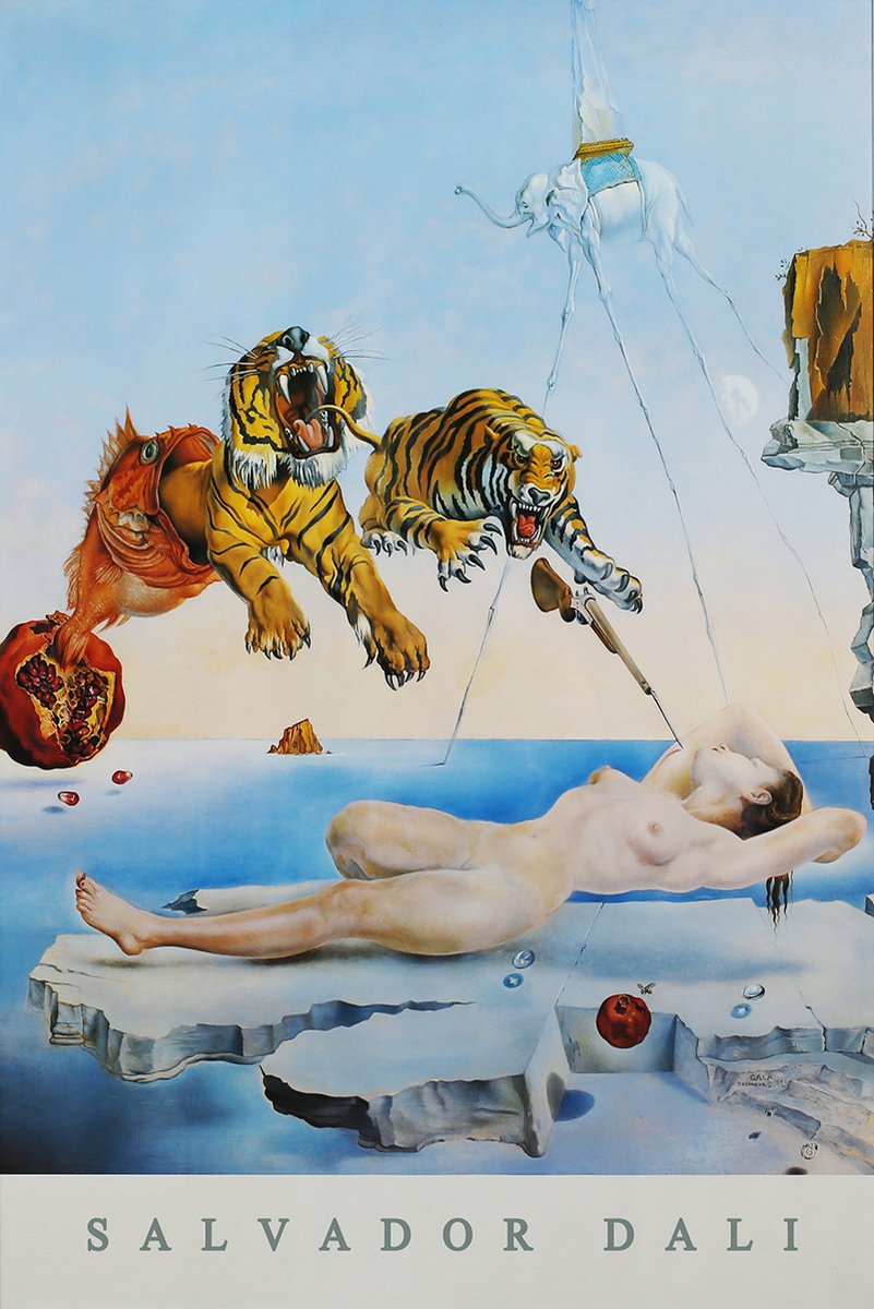 Salvador Dalí wall art poster depicts a reclining nude woman, leaping tigers, fish, pomegranate, and long-legged elephant.