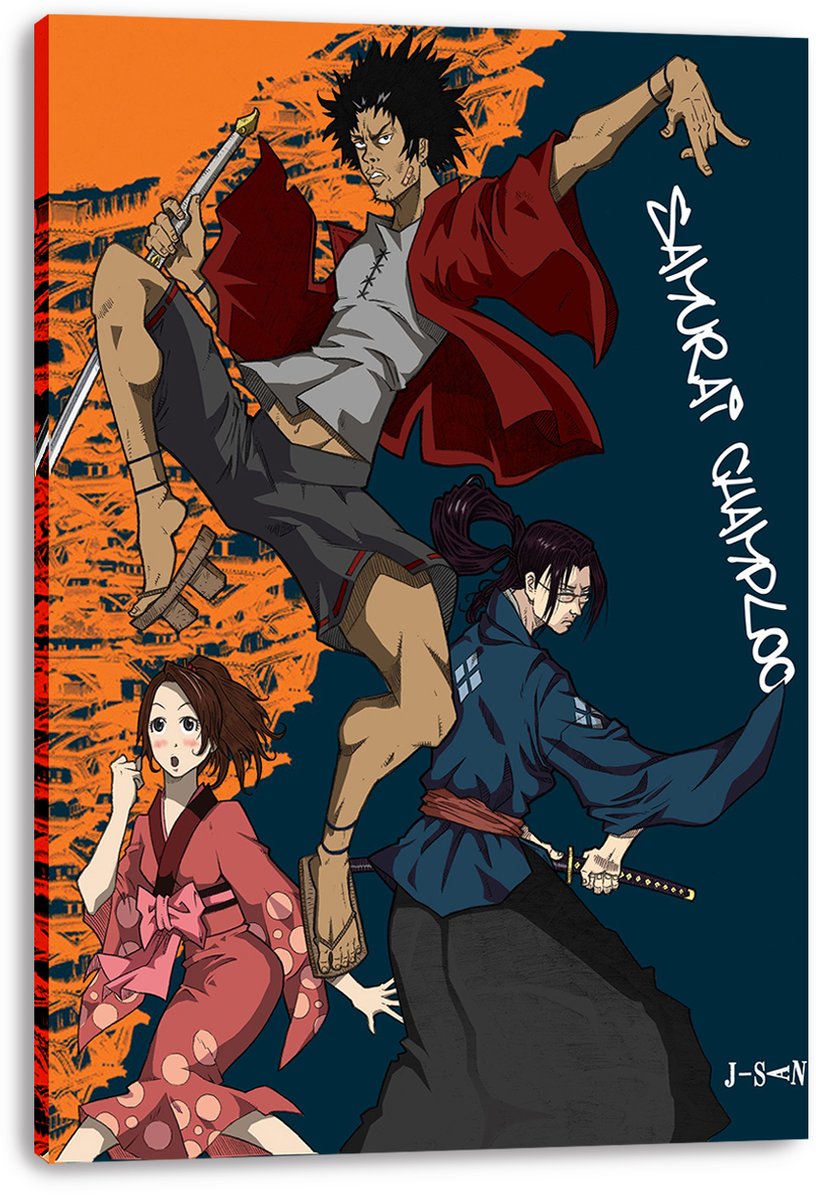 Samurai Champloo canvas wall art print depicts three anime figures in dynamic poses with swords, orange cityscape, and navy field.