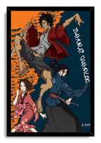 Samurai Champloo framed wall art print presents three anime characters in red, blue, and pink outfits on an orange and navy background.