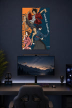 Samurai Champloo in a gaming desk setup above a monitor.