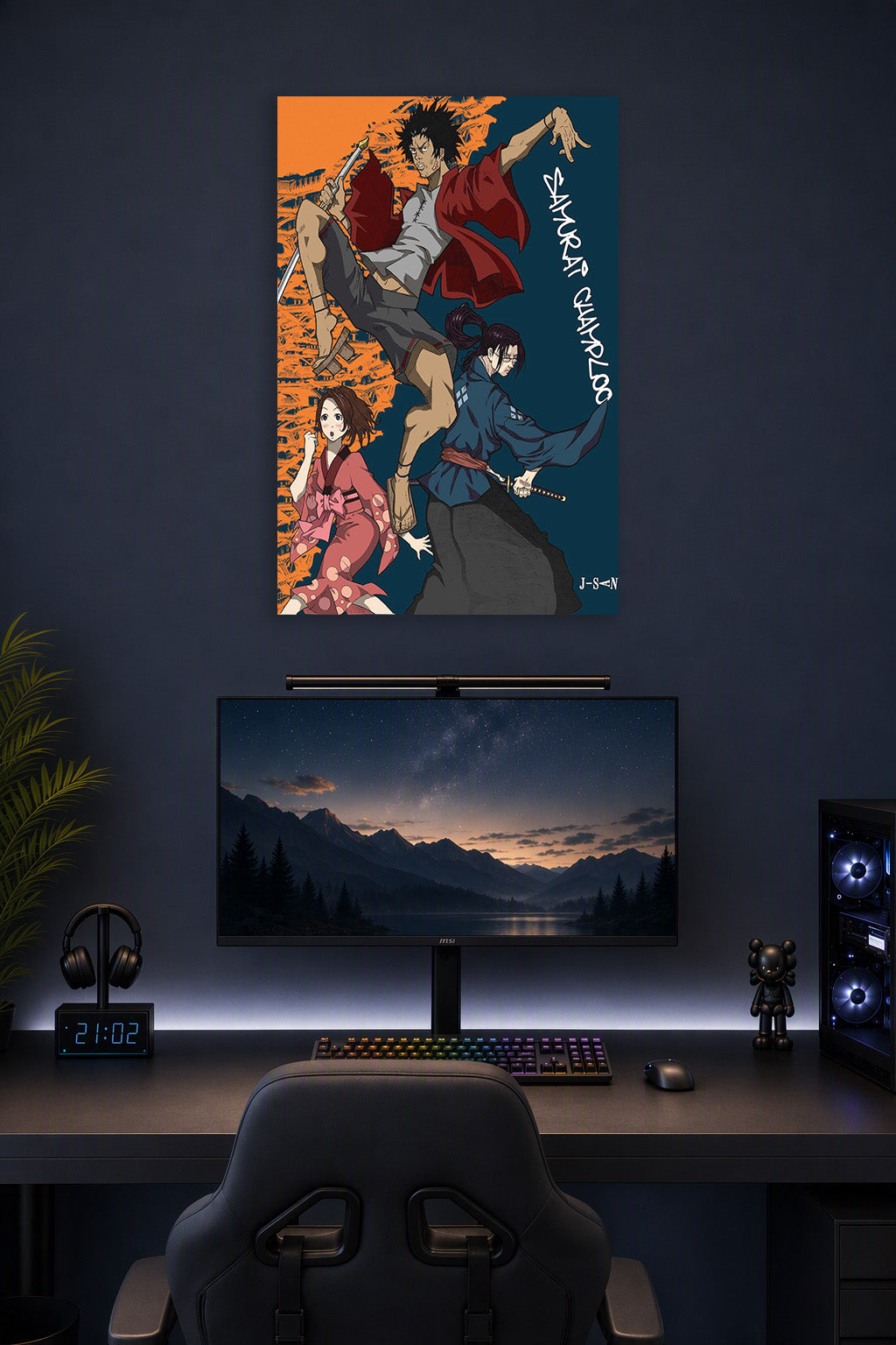Samurai Champloo in a gaming desk setup above a monitor.