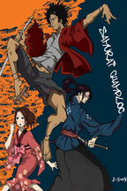 Samurai Champloo poster features three anime characters, including a sword-wielding man in red, against orange and navy.