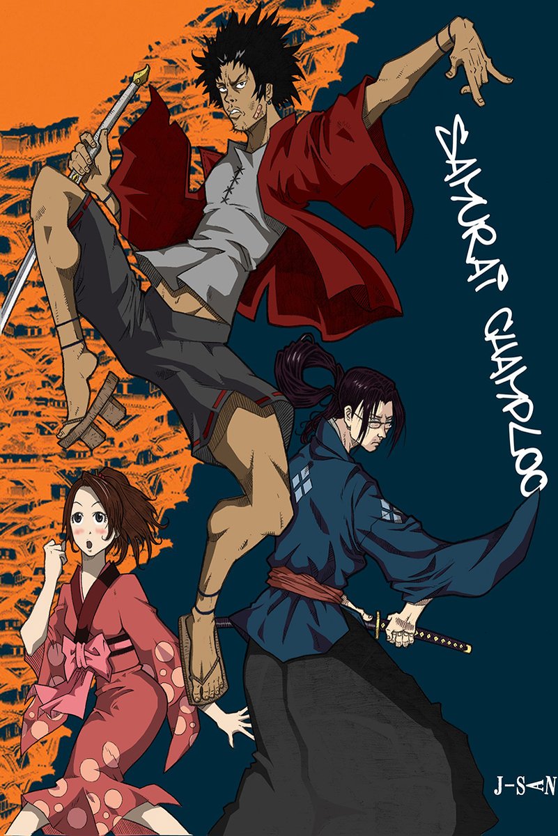 Samurai Champloo poster features three anime characters, including a sword-wielding man in red, against orange and navy.