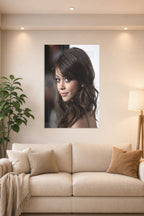 Sarah Hyland in a bright living room above a beige sofa.