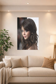 Sarah Hyland in a bright living room above a beige sofa.
