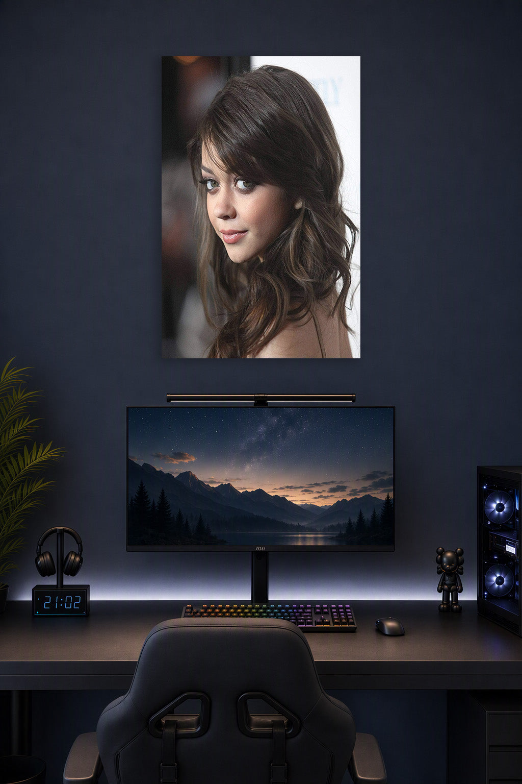 Sarah Hyland in a gaming desk setup above a monitor.