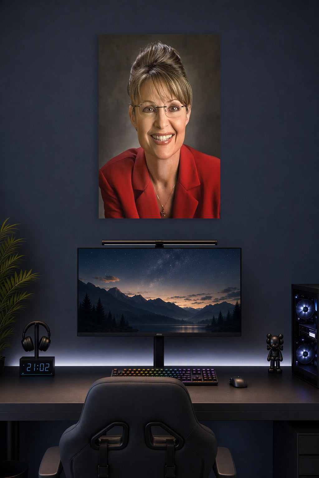 Sarah Palin in a gaming desk setup above a monitor.