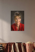 Sarah Palin in a cozy movie room above a brown sofa with popcorn.