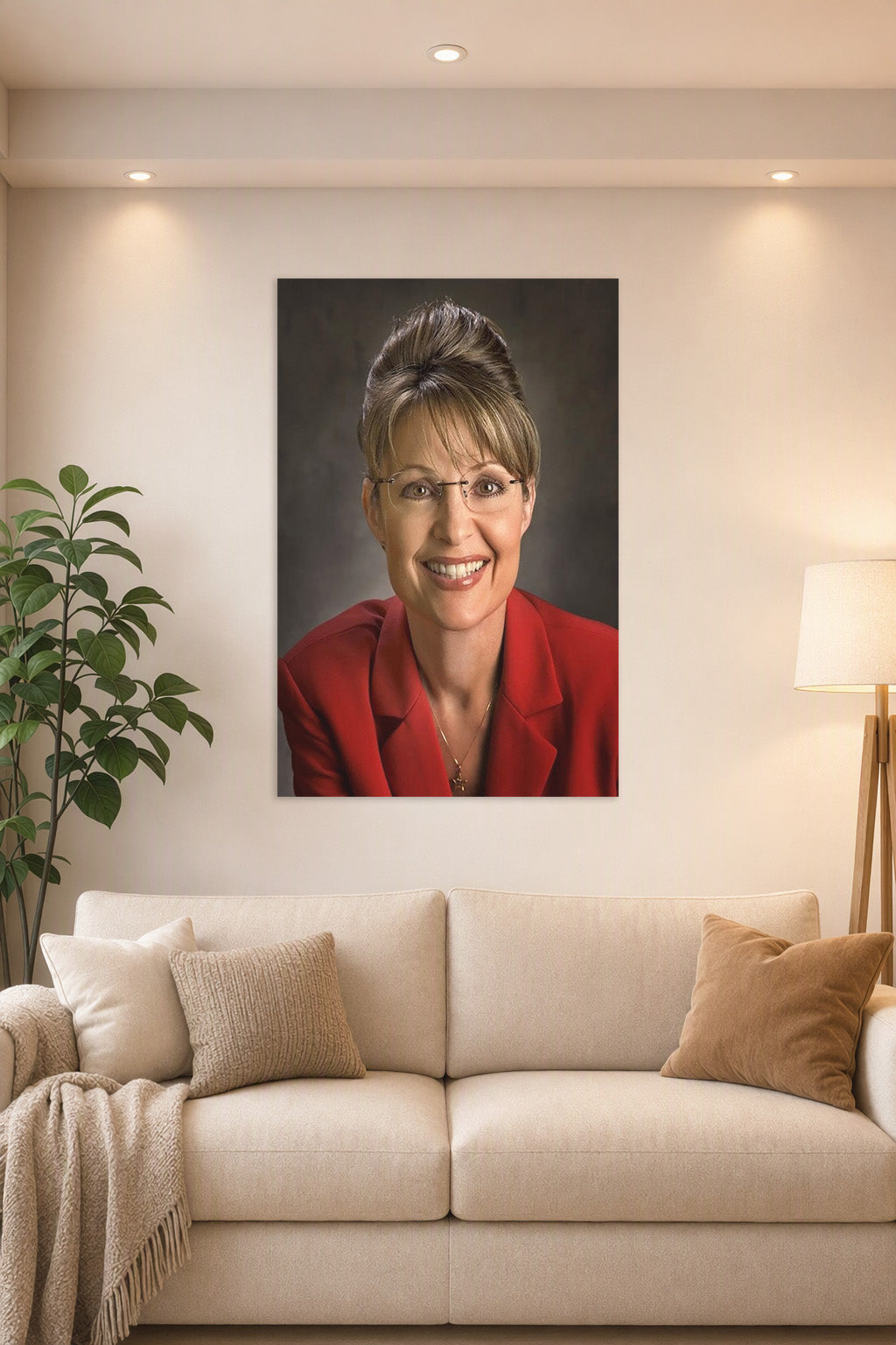 Sarah Palin in a bright living room above a beige sofa.