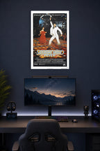 Saturday Night Fever Movie Poster in a gaming desk setup above a monitor.