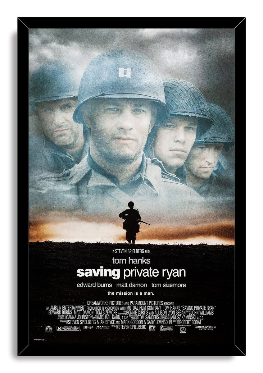 Saving Private Ryan framed wall art print pairs helmeted soldiers and a lone armed silhouette with a black mitered frame.