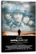 Saving Private Ryan movie poster canvas shows four solemn helmeted soldiers, a rifle-carrying silhouette, and smoky blue-gray skies.