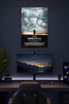 Saving Private Ryan Movie Poster in a gaming desk setup above a monitor.