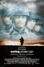 Saving Private Ryan movie poster wall art print features four helmeted soldiers above a lone armed silhouette at sunset.
