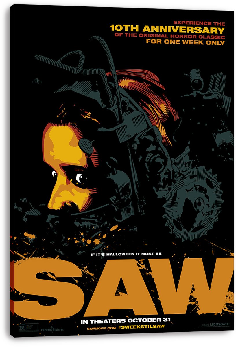 Saw movie canvas wall art print displayed with wrapped black edges, featuring a trapped face, dark machinery, orange sparks, and title text.
