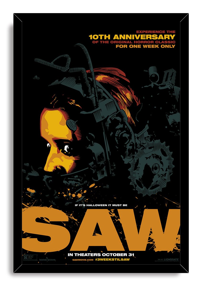 Saw movie framed wall art print in a black frame, with a yellow-orange face, reverse trap components, gears, and large orange lettering.