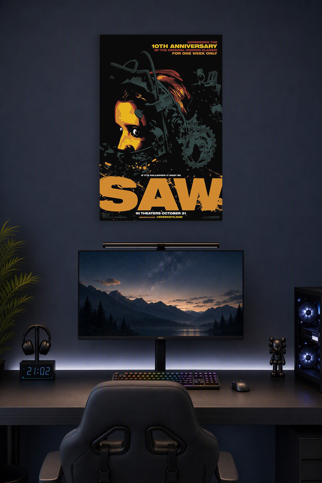 Saw Movie Horror Film in a gaming desk setup above a monitor.