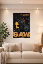 Saw Movie Horror Film in a bright living room above a beige sofa.
