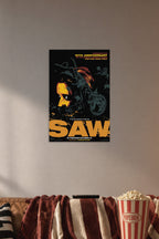 Saw Movie Horror Film in a cozy movie room above a brown sofa with popcorn.
