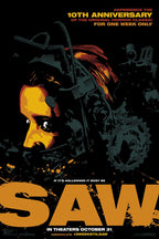 Saw movie poster wall art print with a frightened yellow-orange face, mechanical reverse trap, gears, and bold orange title on black.