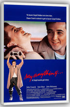 Say Anything wall art print on a white wrapped canvas, featuring a couple and a man lifting a boombox against blue panels.