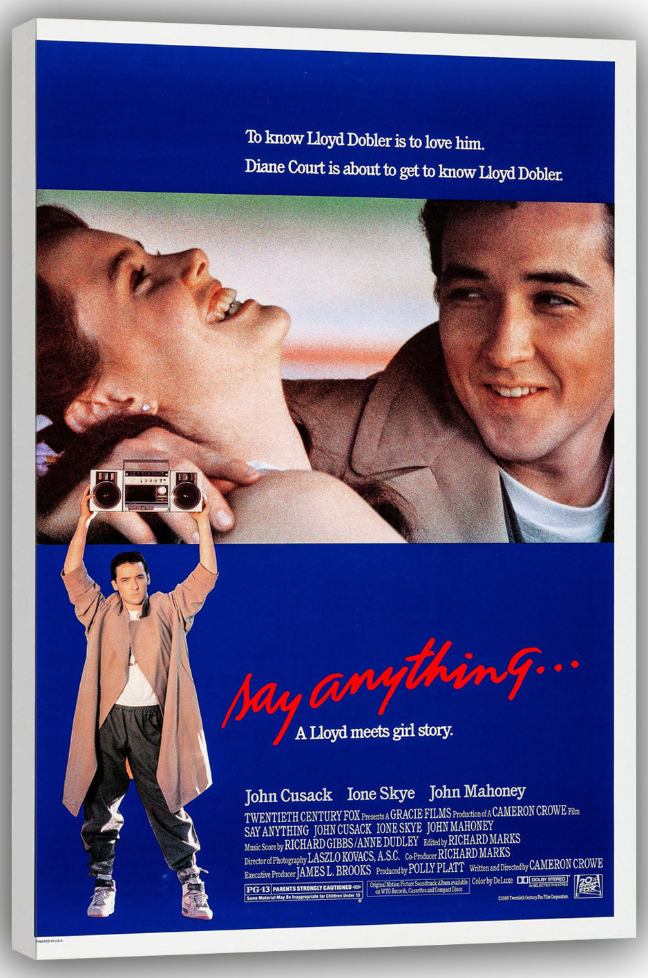 Say Anything wall art print on a white wrapped canvas, featuring a couple and a man lifting a boombox against blue panels.