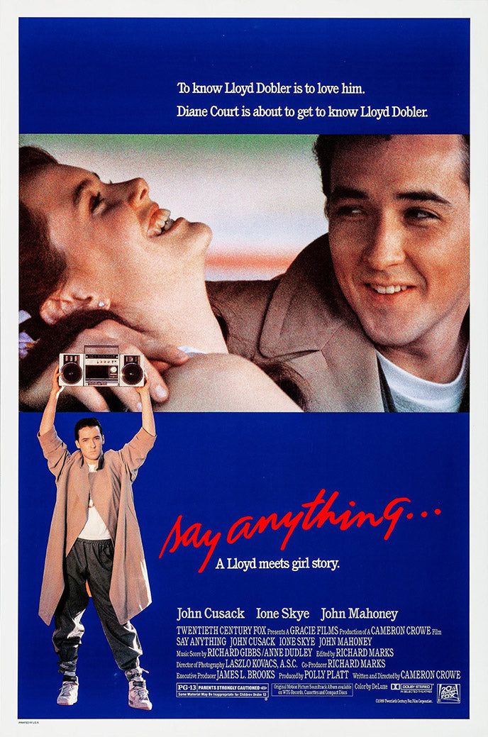 Say Anything poster paper print with a smiling couple, red title lettering, and a man holding a boombox overhead.