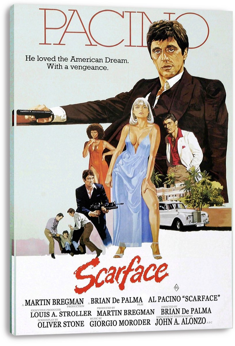 Scarface canvas wall art print displays Al Pacino holding a pistol above illustrated characters, a mansion, and a white luxury car.
