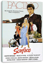Scarface canvas wall art print displays Al Pacino holding a pistol above illustrated characters, a mansion, and a white luxury car.