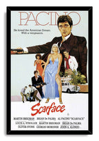 Scarface framed wall art print presents Al Pacino with a pistol, glamorous figures, a white car, and bold red film title lettering.