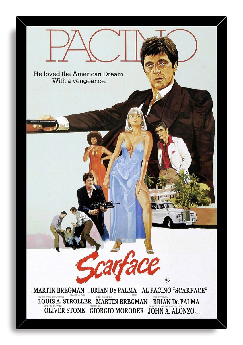 Scarface framed wall art print presents Al Pacino with a pistol, glamorous figures, a white car, and bold red film title lettering.