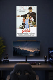 Scarface Al Pacino Movie Poster in a gaming desk setup above a monitor.