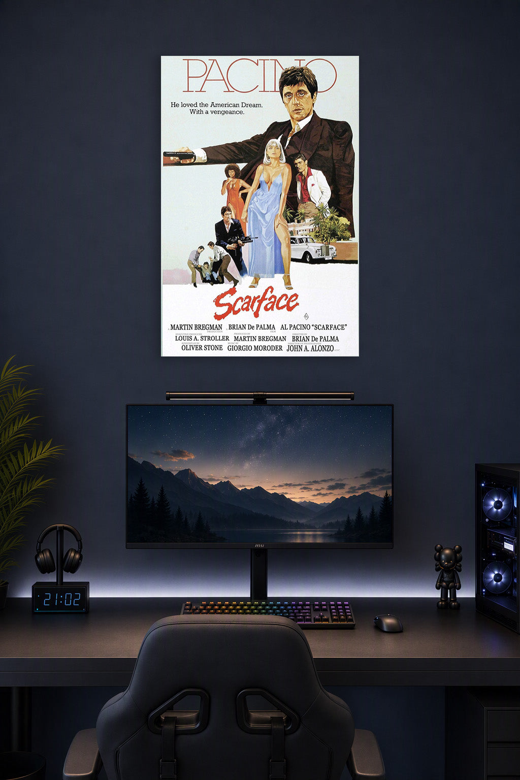 Scarface Al Pacino Movie Poster in a gaming desk setup above a monitor.