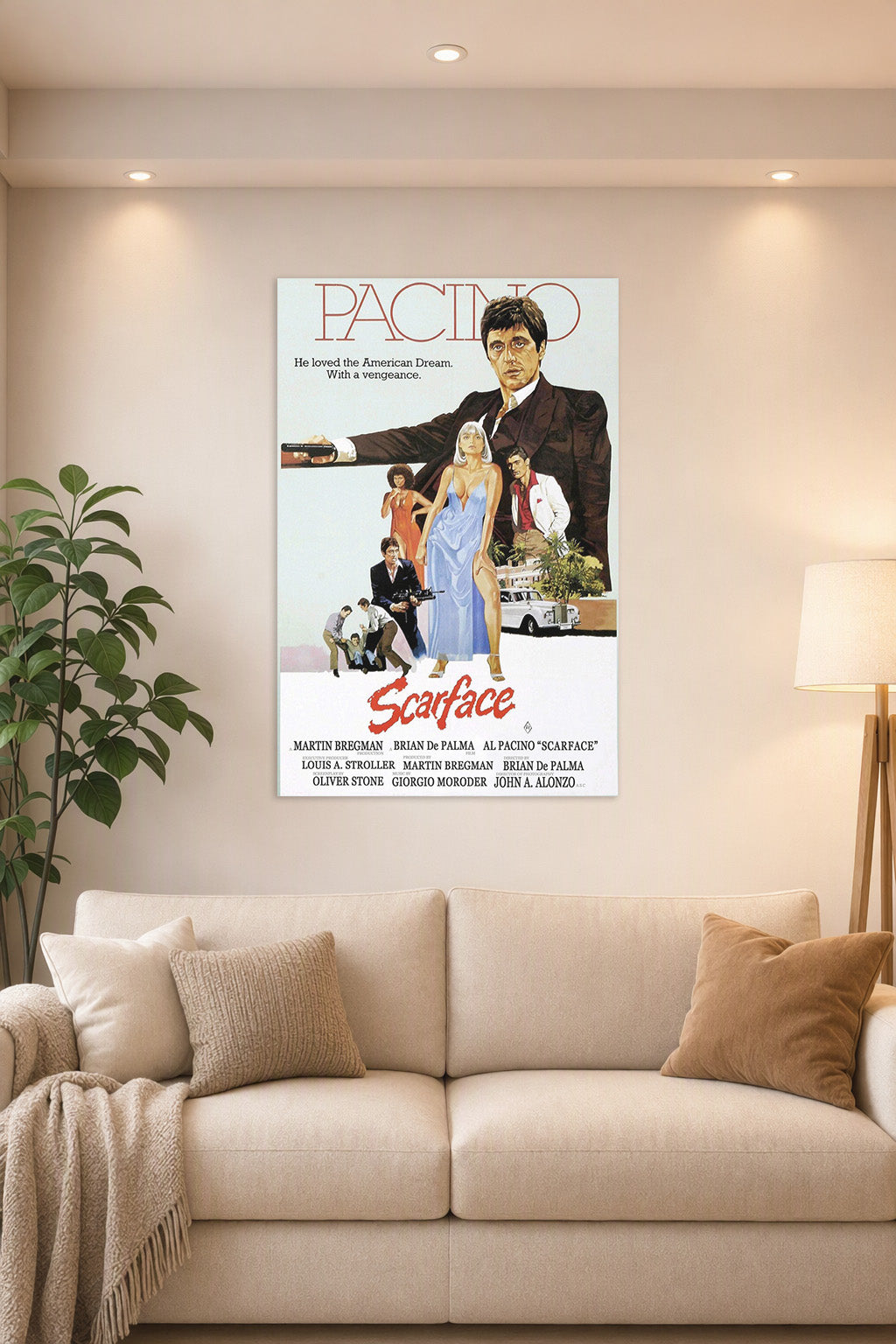 Scarface Al Pacino Movie Poster in a bright living room above a beige sofa.