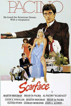 Scarface movie poster wall art features Al Pacino with a pistol, a woman in blue, gangsters, a white car, and red title text.