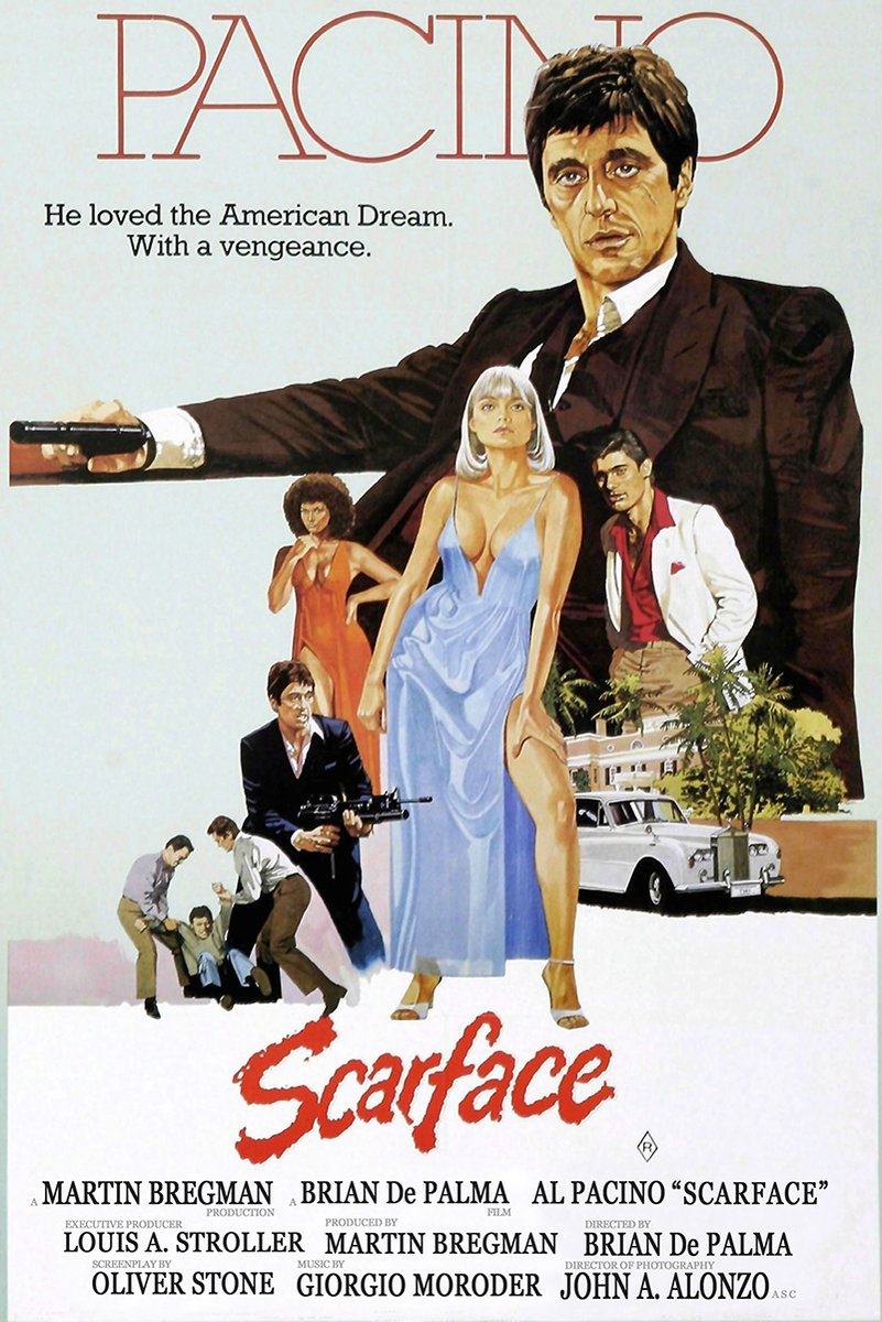 Scarface movie poster wall art features Al Pacino with a pistol, a woman in blue, gangsters, a white car, and red title text.