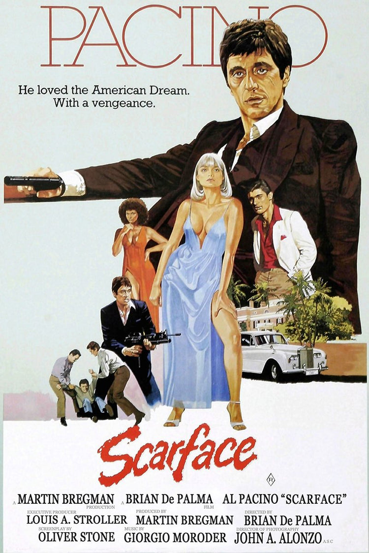 Scarface movie poster wall art features Al Pacino with a pistol, a woman in blue, gangsters, a white car, and red title text.