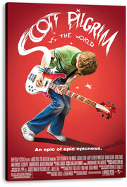 Scott Pilgrim vs. The World canvas wall art print featuring Scott playing a red bass beneath bold white title lettering.