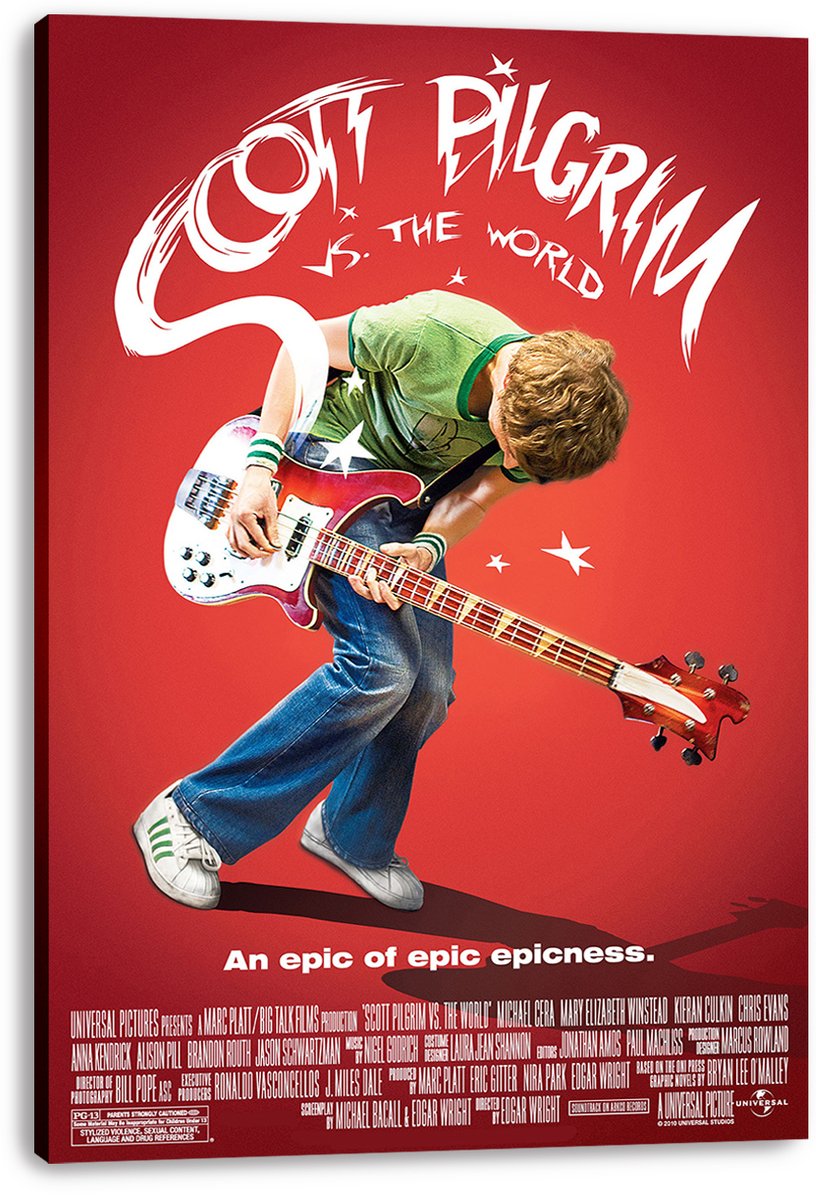 Scott Pilgrim vs. The World canvas wall art print featuring Scott playing a red bass beneath bold white title lettering.