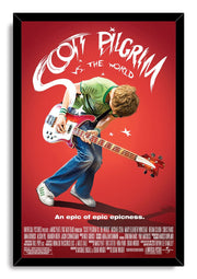 Scott Pilgrim vs. The World framed wall art print with Scott and his bass guitar, white stars, and graphic red backdrop.