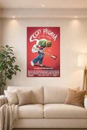 Scott Pilgrim vs. The World Movie Poster in a bright living room above a beige sofa.
