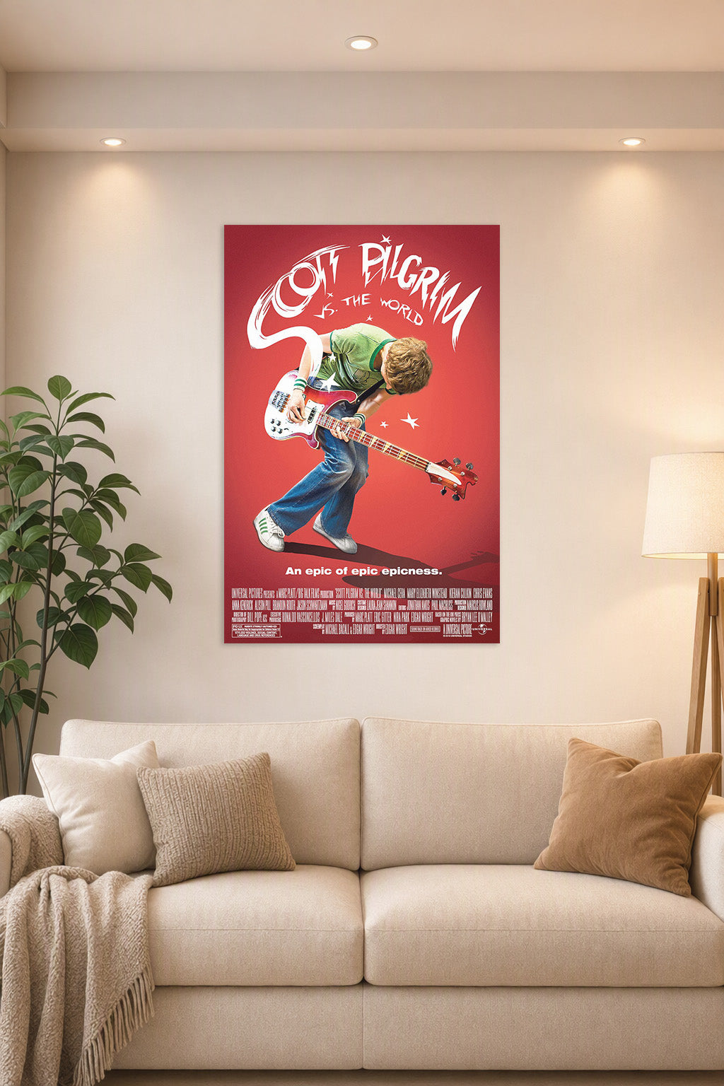 Scott Pilgrim vs. The World Movie Poster in a bright living room above a beige sofa.
