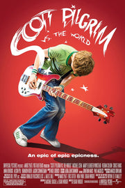 Scott Pilgrim vs. The World movie poster wall art print with Scott bending over a bass guitar on a vivid red background.