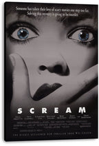 Scream canvas wall art print displays a frightened grayscale face, blue eyes, hand-covered mouth, and bold white title.