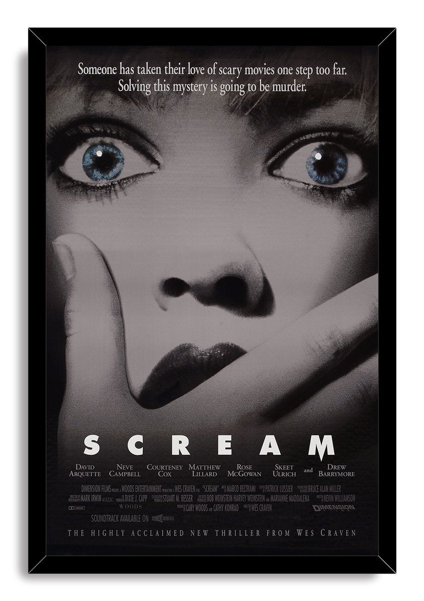 Scream framed wall art print presents a grayscale terrified face with blue eyes and hand over mouth in a black frame.