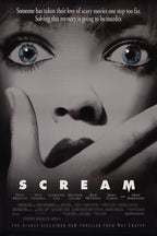 Scream poster features a grayscale close-up of a terrified woman with vivid blue eyes and a hand over her mouth.