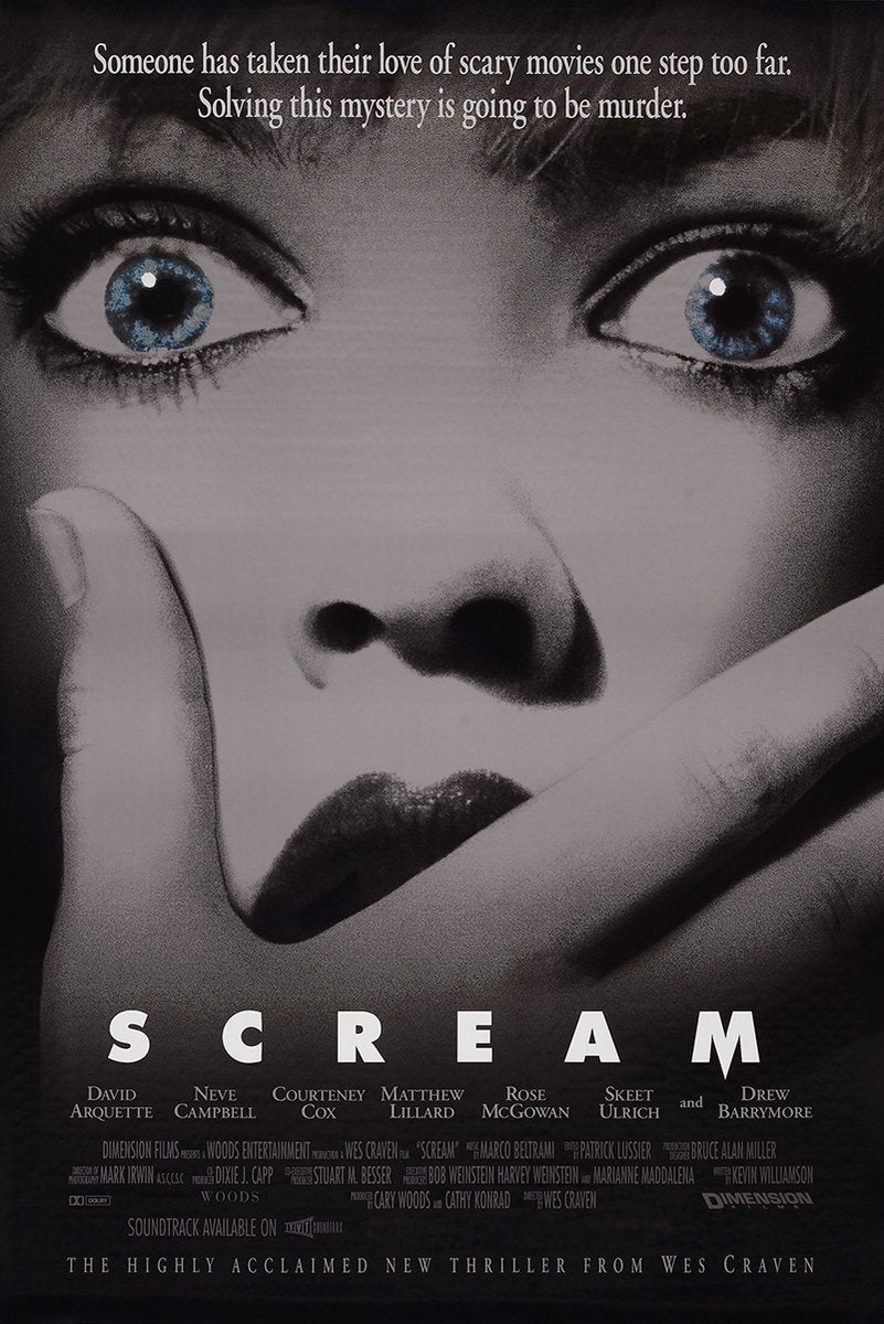 Scream poster features a grayscale close-up of a terrified woman with vivid blue eyes and a hand over her mouth.