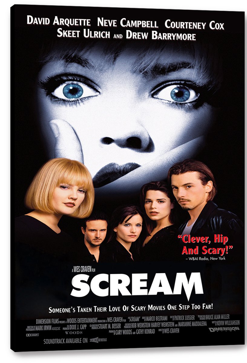Scream canvas wall art print displays a blue-eyed woman in close-up, five cast members, and bold white title lettering.