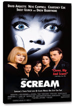 Scream canvas wall art print displays a blue-eyed woman in close-up, five cast members, and bold white title lettering.
