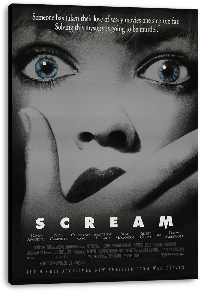 Scream movie canvas wall art print featuring a monochrome frightened face with blue eyes, a covering hand, title, and credits.